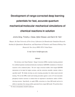 Development of range-corrected deep learning potentials for fast, accurate quantum mechanical/molecular mechanical simulations of chemical reactions in solution